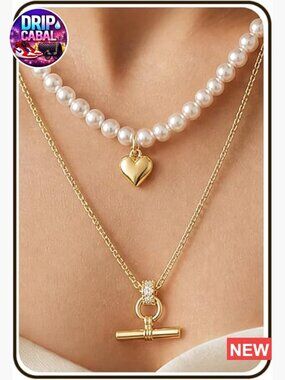 Layered Necklace Set with Pearl Choker and T-Bar Pendant, 16k Gold Plated,
